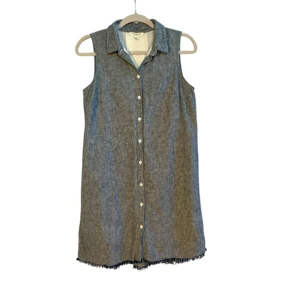 Beach Lunch Lounge Linen Zena Striped Shirt Dress Sz S Sleeveless Blue Lined - Picture 1 of 15